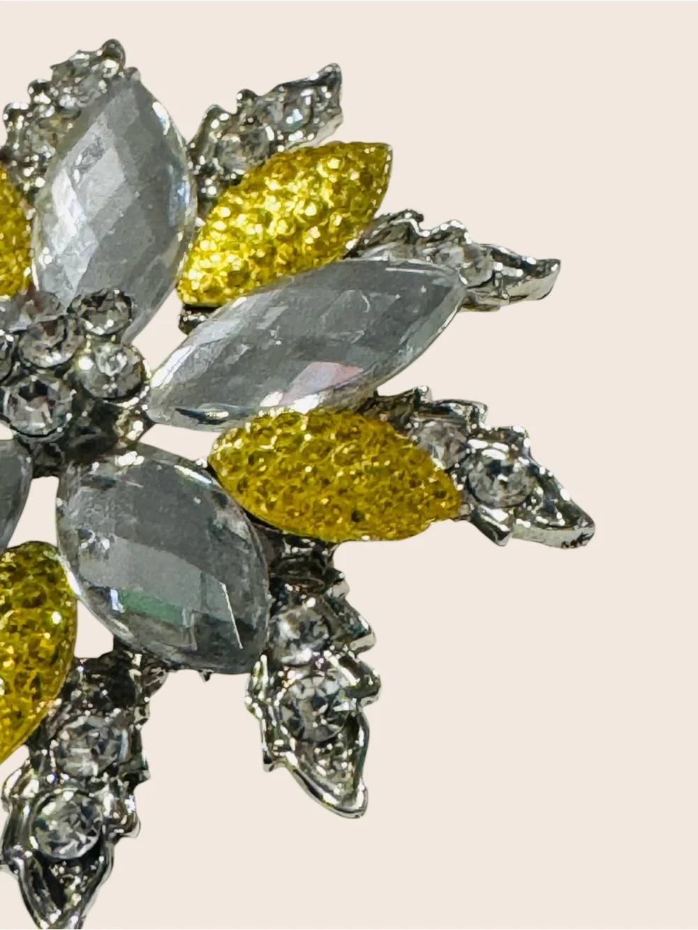 Vintage Silver Tone Rhinestone & Yellow Crystal Floral Starburst Brooch Pin 2”